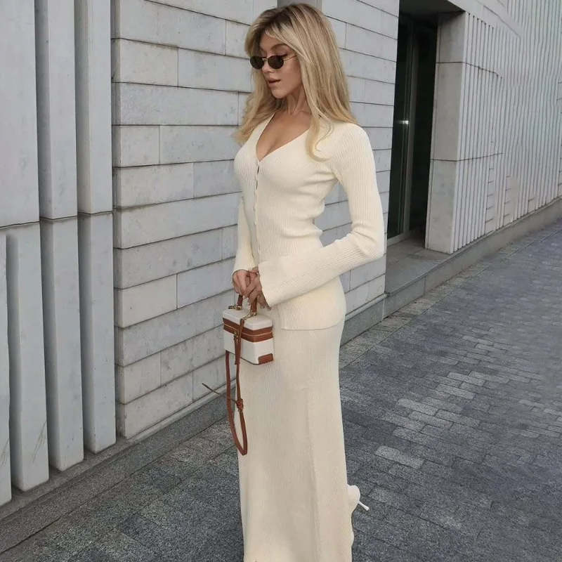 

Tsiisd Knit Women's 2 Piece Skirt Outfits V Neck Cardigan High Waist Maxi Skirt Sets Elegant Commute Party Sets Female New 2026