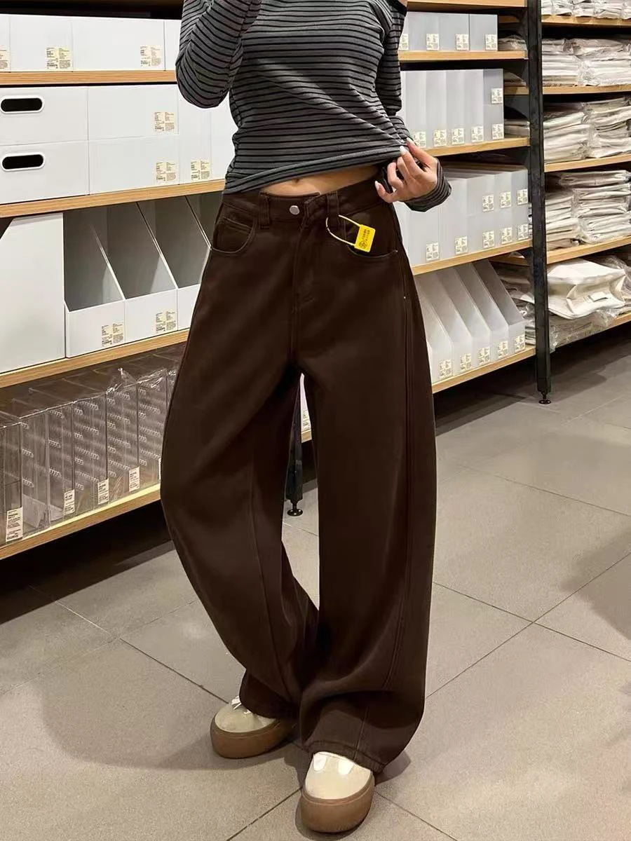 Retro Velvet Thickened Jeans for Women Autumn Winter High Waisted Straight Leg Denim Pants Female Casual Warm Wide Leg Pants