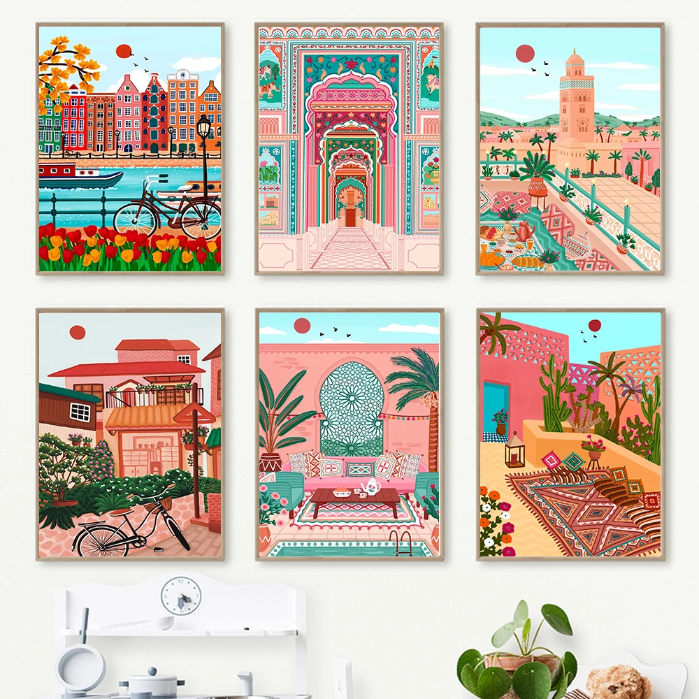 Morocco Marrakech India Gate Travel City Poster Landscape Canvas Painting Wall Art for Living Room Decoration Home Decor Picture