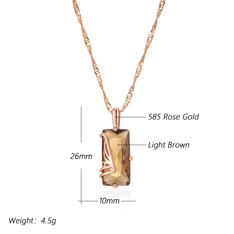 Kinel Fashion Light Brown Natural Zircon Pendant Necklace for Women Simple Square 585 Rose Gold Color High Quality Daily Jewelry