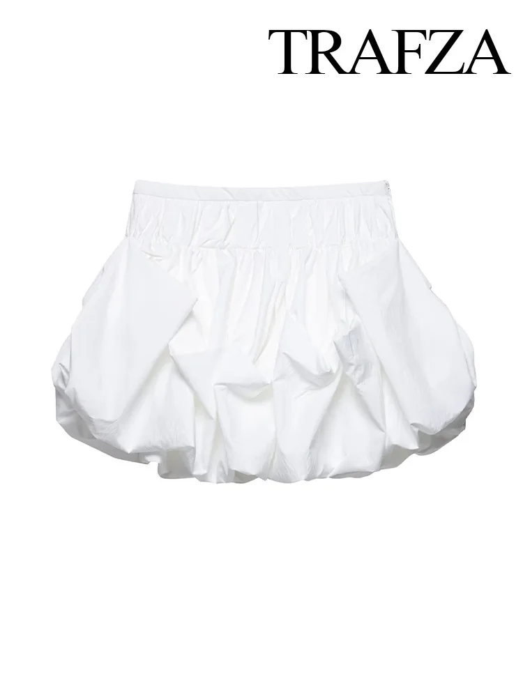 TRAFZA Woman Summer Fashion Chic White Solid Casual Balloon Version Mini Skirt Women's Slim High Waist Side Zipper Short Skirt