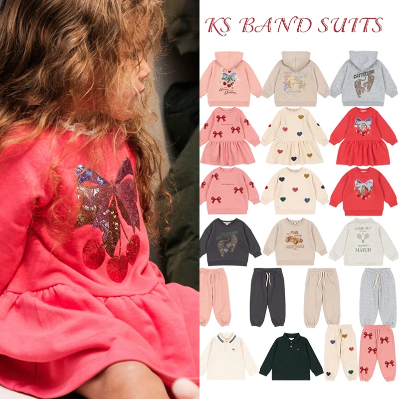 Spring Autumn 2026 KS Brand Boys Hoodies Pants Sweatshirt Trousers Suits Hearts Embroidery Sequin Print Cartoon Pullover Outwear
