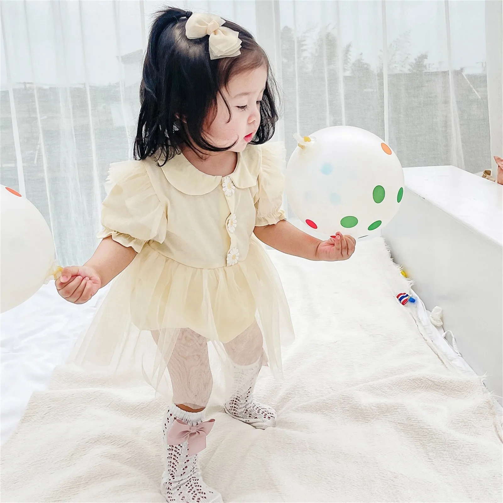 Newborn Infant Baby Girls Summer Jumpsuit Daisy Mesh Patchwork Romper Dress Crawling Clothes Baby Clothing 6M-12M-18M-24M-2T-3T