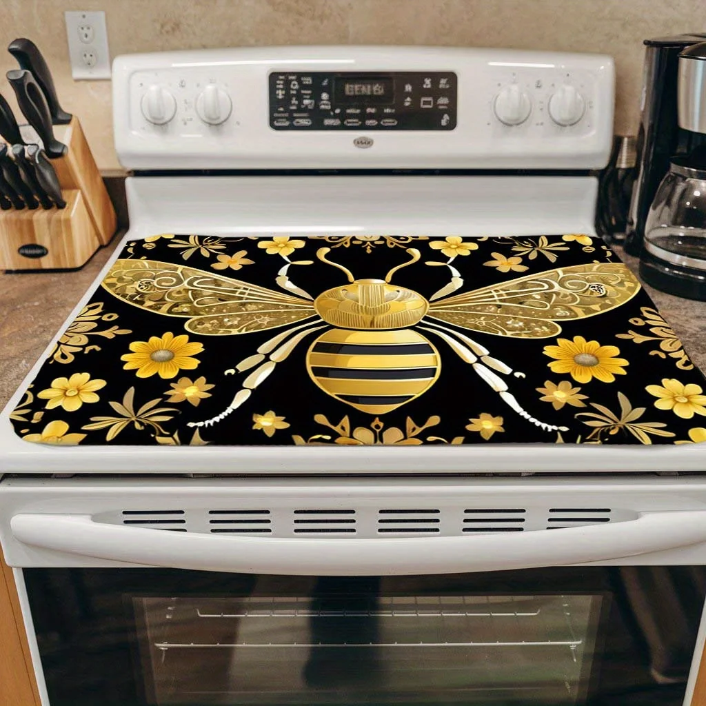 Large Non-Slip Heat-Resistant Stove Mat – Scratchproof Black & Gold Bee Design for Electric, Induction & Ceramic Cooktops