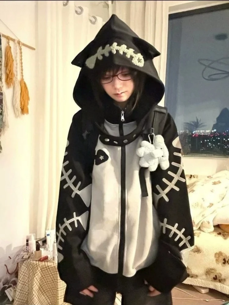 

Vintage Subculture Embroidery Hoddies Women Streetwear Fashion Oversized Casual Jacket Y2k Aesthetic Zipper Grunge Sweatshirt