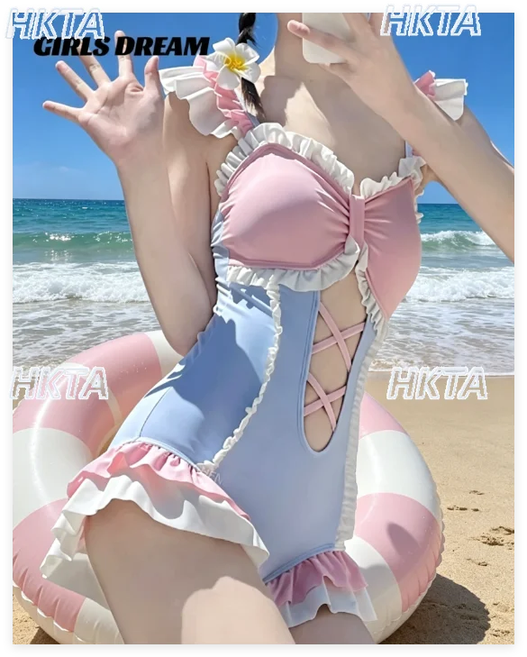

Japanese Kawaii Sweet Flying Sleeve V Neck Pleats Contrasting Colors Sexy One Piece Bikini 2026 Summer New Cute Swimsuit Women