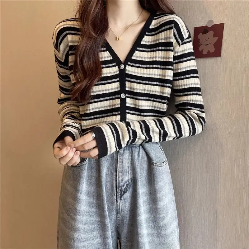 Women Clothing Korean Style Striped Knit Cardigan Spring Autumn New Casual All-match V-neck Long Sleeve Tops Thin Sweaters Coats