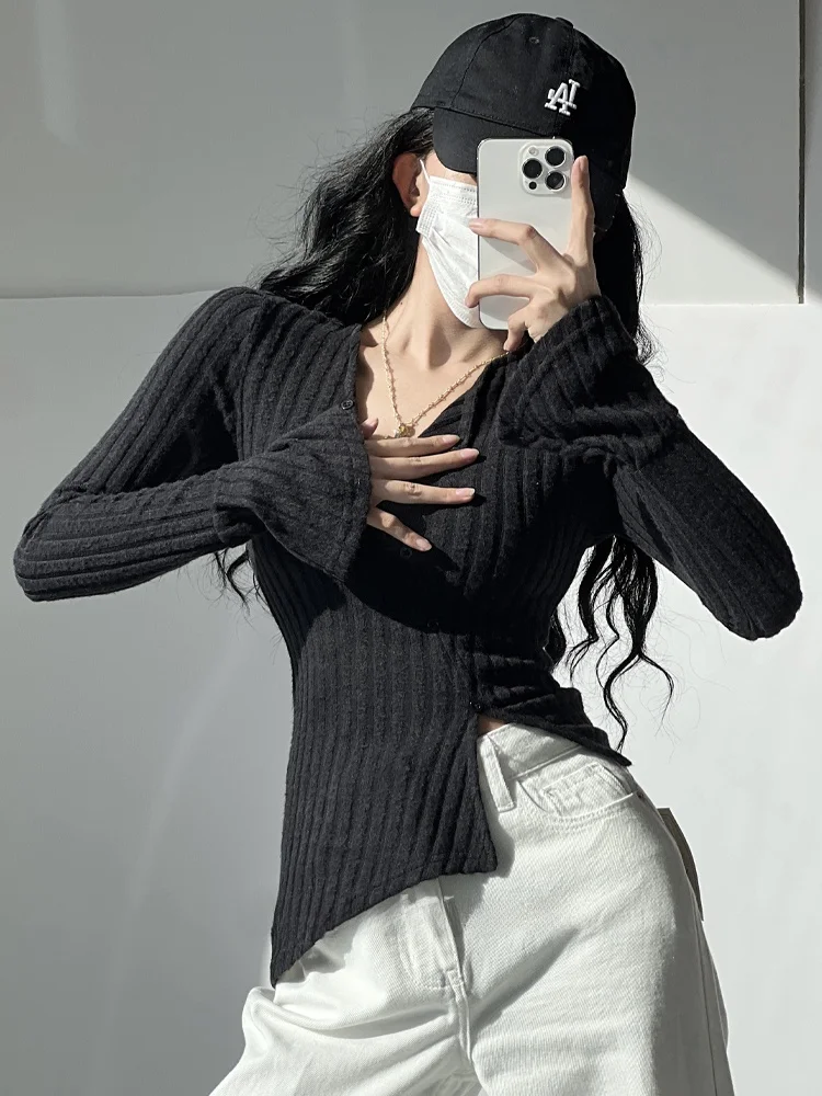 Maglieria V-Ne slim fit da donna lunga Sve Street Sle Color ort Lunghezza bottoni Design T-shirt casual Faion