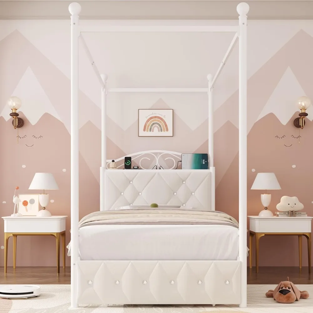 إطار سرير بمظلة منجد مزدوج من Keyluv مع درج ولوح رأسي للتخزين الكريستالي مع محطة شحن #3