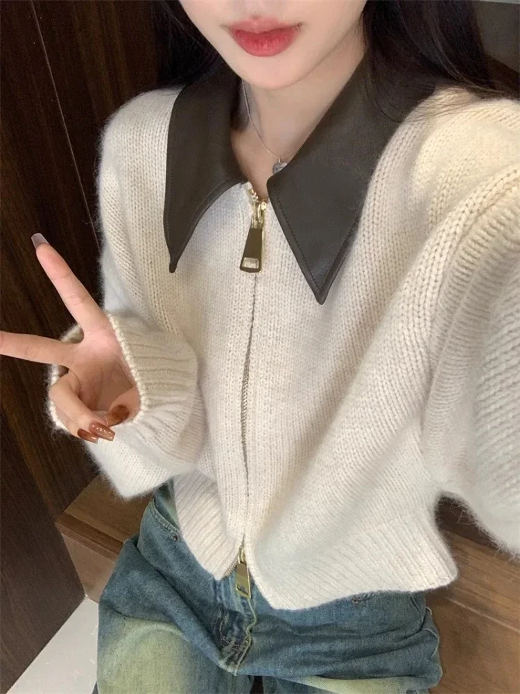 Patchwork Cardigan Women Soft Vintage Korean Style Warm Contrast Color Loose Cozy Maillard Simple Tender Elegant Long Sleeve