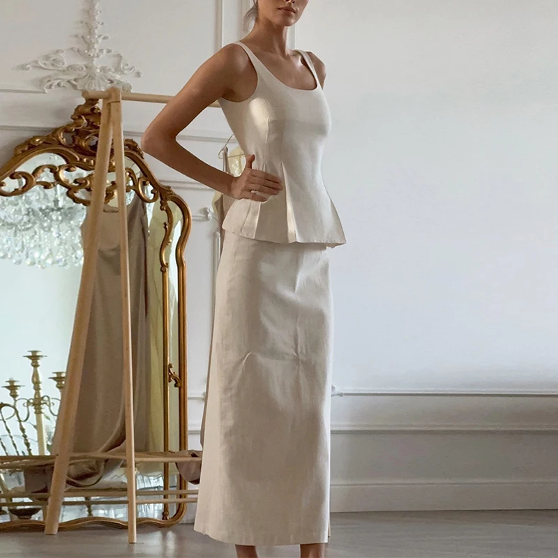 

Simple Casual Solid Elegant Office Lady Suit Spring Sexy U Neck Back Tie-up Sling Top & Long Skirts Outfit Sleeveless Summer Set