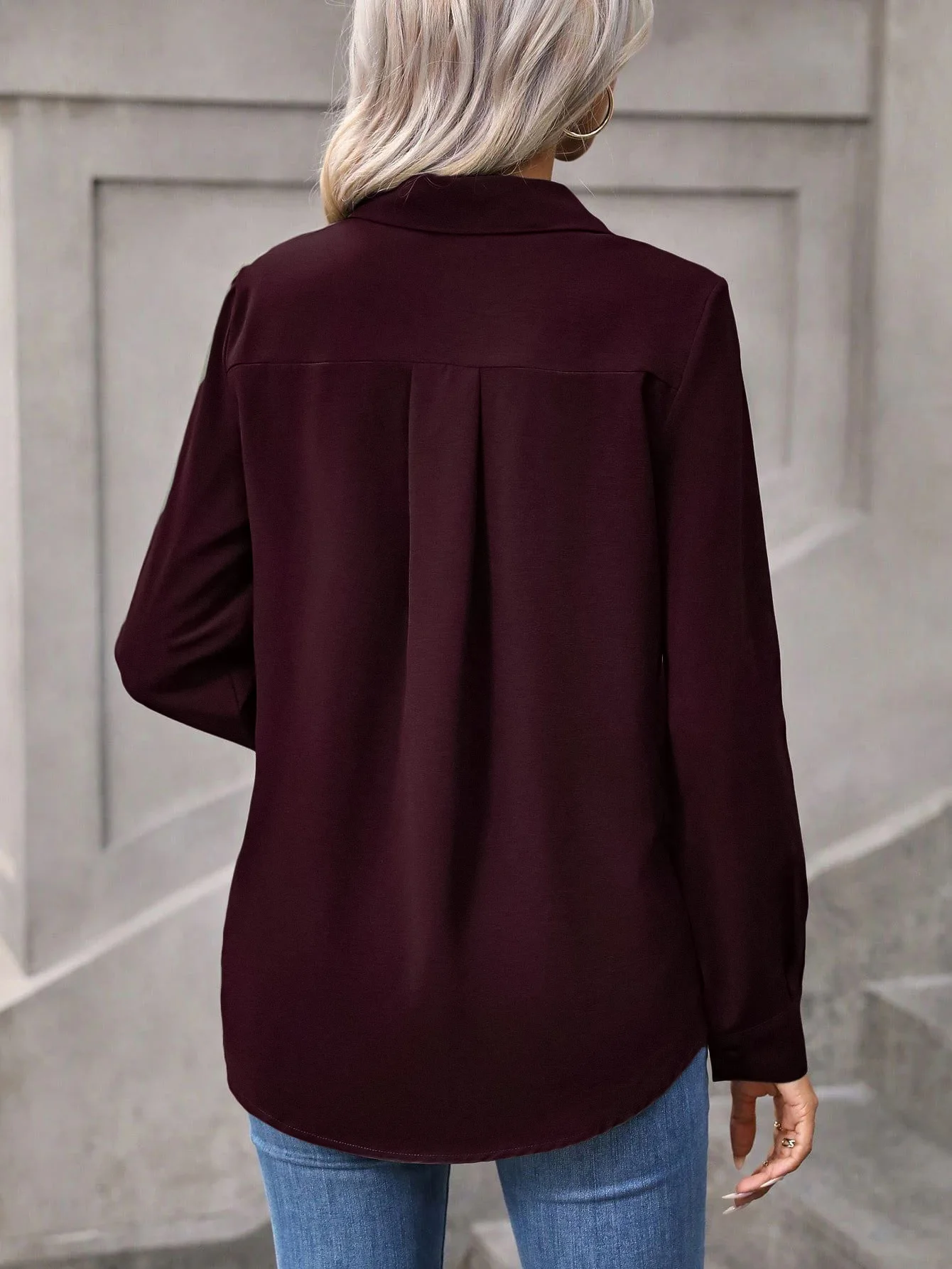Solid Color Button Front Long Sleeve Casual Shirt With Collar Fall Cloth For Women