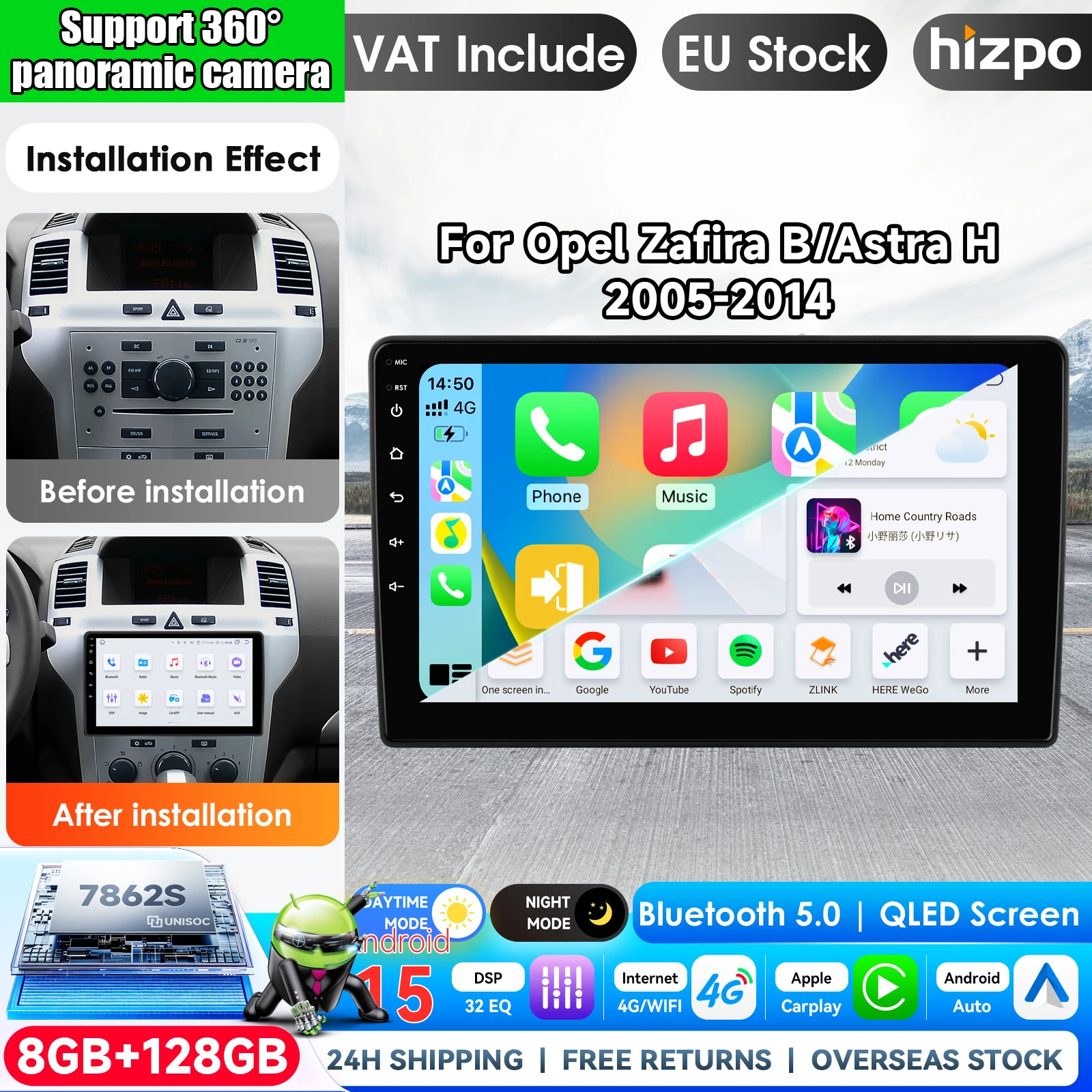 Hizpo 9-Zoll-2Din-Autoradio für Opel Zafira B/Astra H 2005–2014, Android Auto, 4G, kabelloses Carplay, DSP-Multimedia-Player, 2Din-Stereo-Autoradio, Navigation, GPS, KI-gestützte Systeme, Headunit,