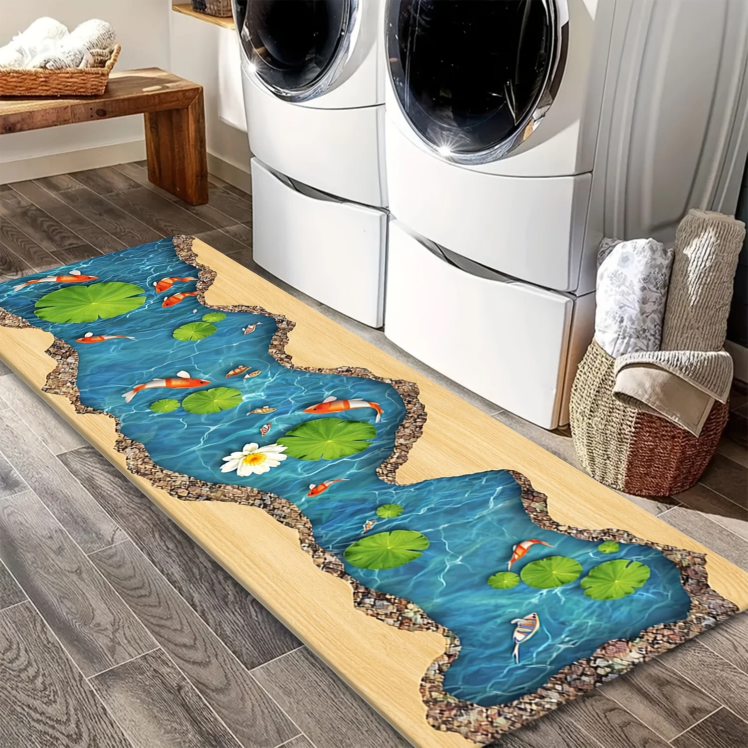 Light Wood 3D Pond Koi Lotus Runner Mat Anti Slip Absorbent Rug Vivid Water Lily Fish Print Carpet for Laundry Kitchen Bathroom