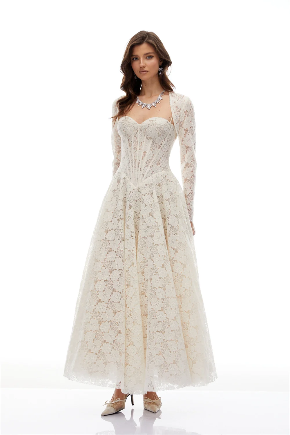 Tokyo Sweetheart Corset Full Lace Wedding Dress With Long Sleeve Shrug Midi Bridal Gown A Line Rehearsal Dinner Evening Dress