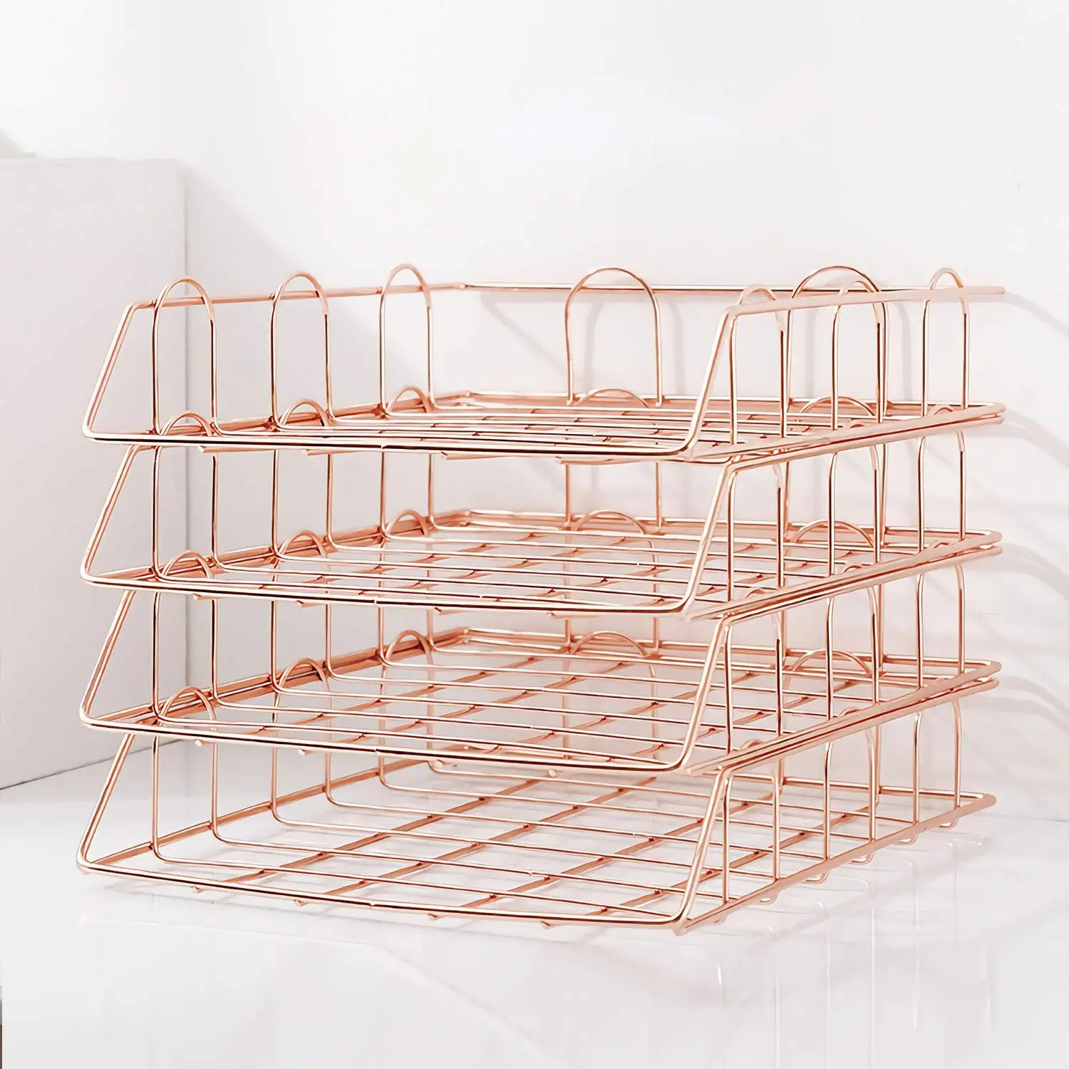 Imagem -04 - Jolitac-rose Gold 4-tier Empilhável Bandeja de Papel Organizador de Mesa Espaço de Trabalho Decorativo Empilhamento Rack Suprimentos Suporte Metal Letra t