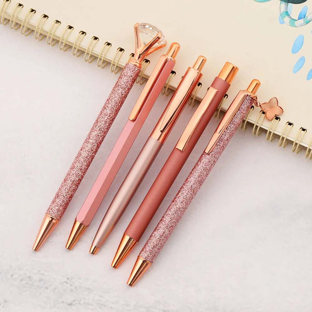 Lytwtw's Roller Press Ballpoint Pen Luxury Cute Wedding Rose Gold Metal Stationery School Office Supplies Spinning 5 Pieces