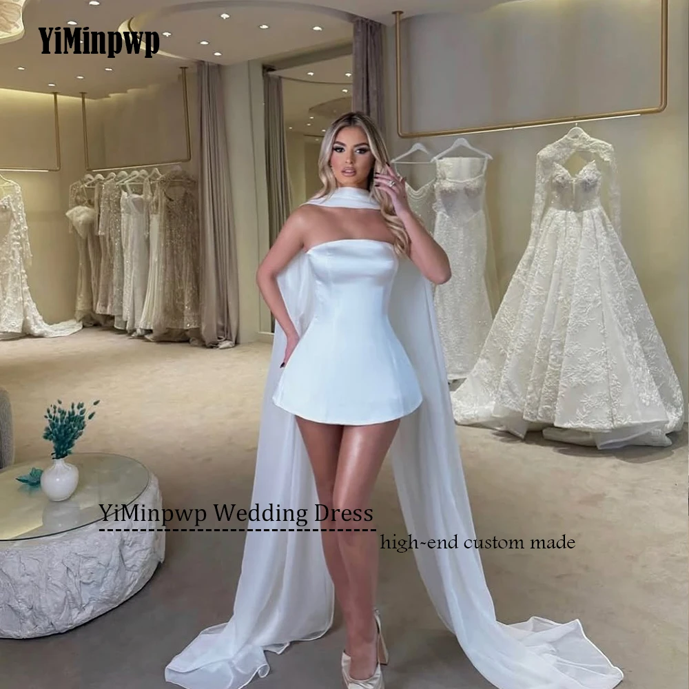 Vestido De novia corto blanco De corte A con chal, Mini vestidos De novia sin tirantes De satén para fiesta, Vestido De novia personalizado 2026