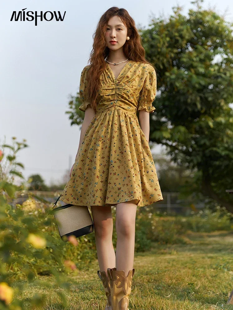 MISHOW Women\'s Retro Puff Sleeve Flower Dress 2025 Summer Waist Slim A-LINE V-Neck Shirring Female Ankle-Length Dress MXC33L1374