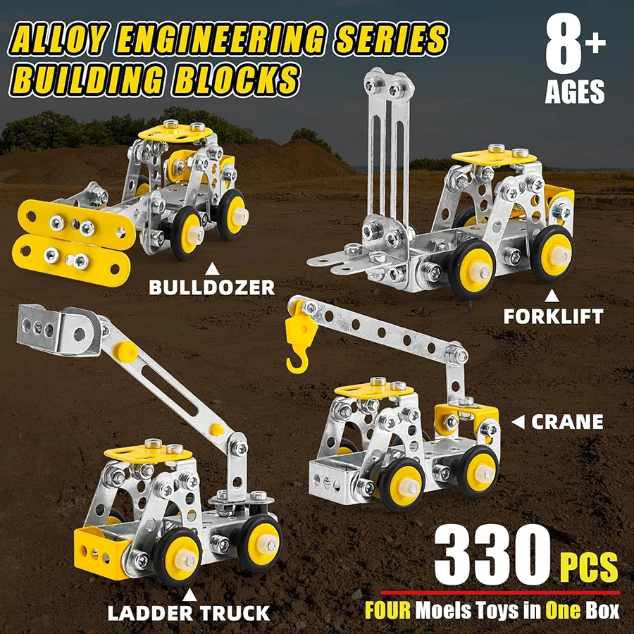 330pc 4in1 jouets de Construction véhicules d'ingénierie en métal modèle kit bloc jouets 4 modèles véhicules de Construction ensembles de Construction pour les enfants