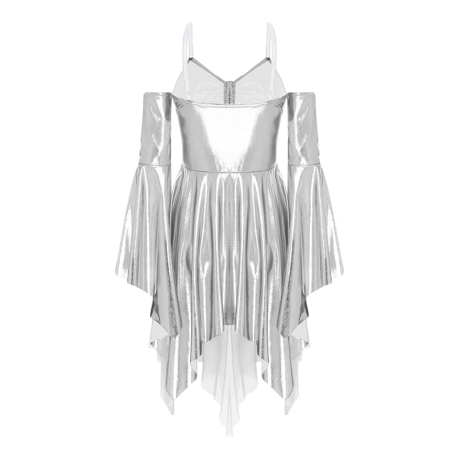 Vestido metálico a la moda para mujer, vestido camisola con hombros descubiertos y manga larga con puños acampanados y cordón en el pecho para fiesta, Raves y club nocturno