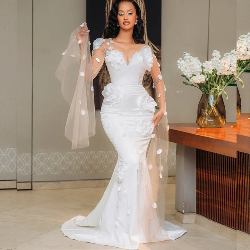 Nigeria Mermaid Wedding Dresses for Bride Sheer Neck Long Flare Sleeve 3D Floral Africa Prewedding Photoshoot Dress Customized