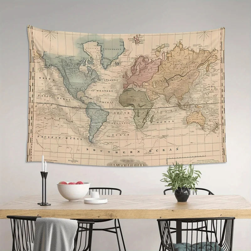 VIKAMA World Map Tapestry Wall Hanging Vintage Cotton Bedroom Dorm Decor Concert Backdrop Stage Banner Fan Gift