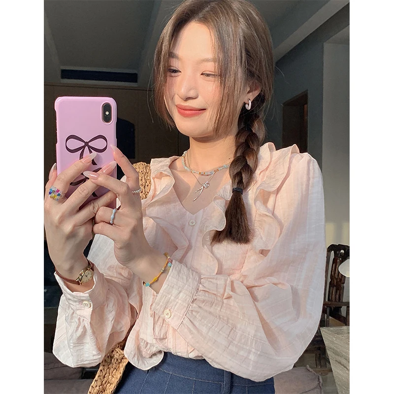 MEXZT Sweet Ruffles Shirts Women Korean Pink V Neck Long Sleeve Blouses Summer Ladies Fashion Elegant Loose Casual Chic Tops New