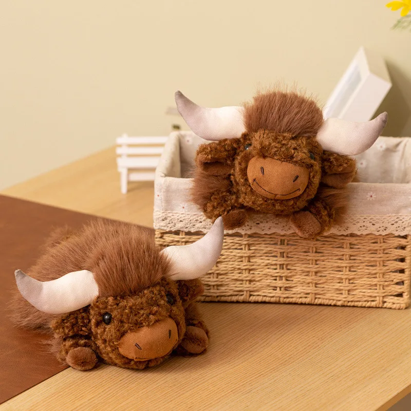 Cute Lying Brown Big‑horn Yak Plush Toy Fluffy Stuffed Animal Doll Pillow Companion Decor Birthday Gift Boys Girls Kids Friends