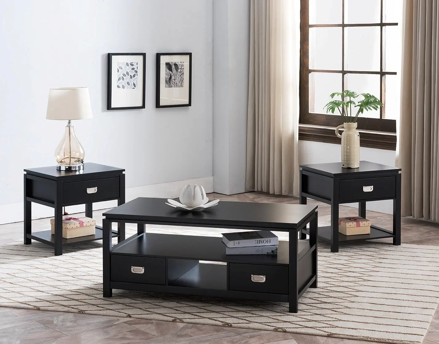 

3 Piece Black Wood Storage Occasional Table Set Coffee & 2 End Tables Living Room, Customized