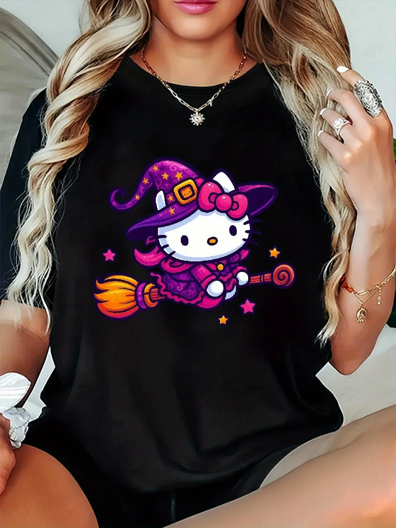 Sanrio for Hello Kitty Halloween Witch T-Shirt - Black Short-Sleeve Crew Neck with Purple Hat, Broomstick & Stars Print