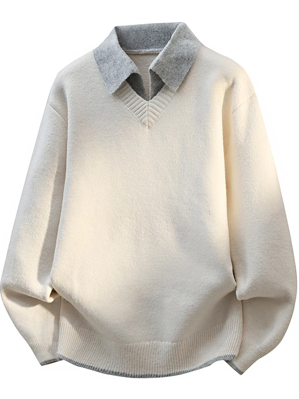 

Men's Knitted V-Ne Sweater Fake Two-Piece Pure Color Base Layer with Collar Autumn Winter American Retro Sle Polyester Fiber