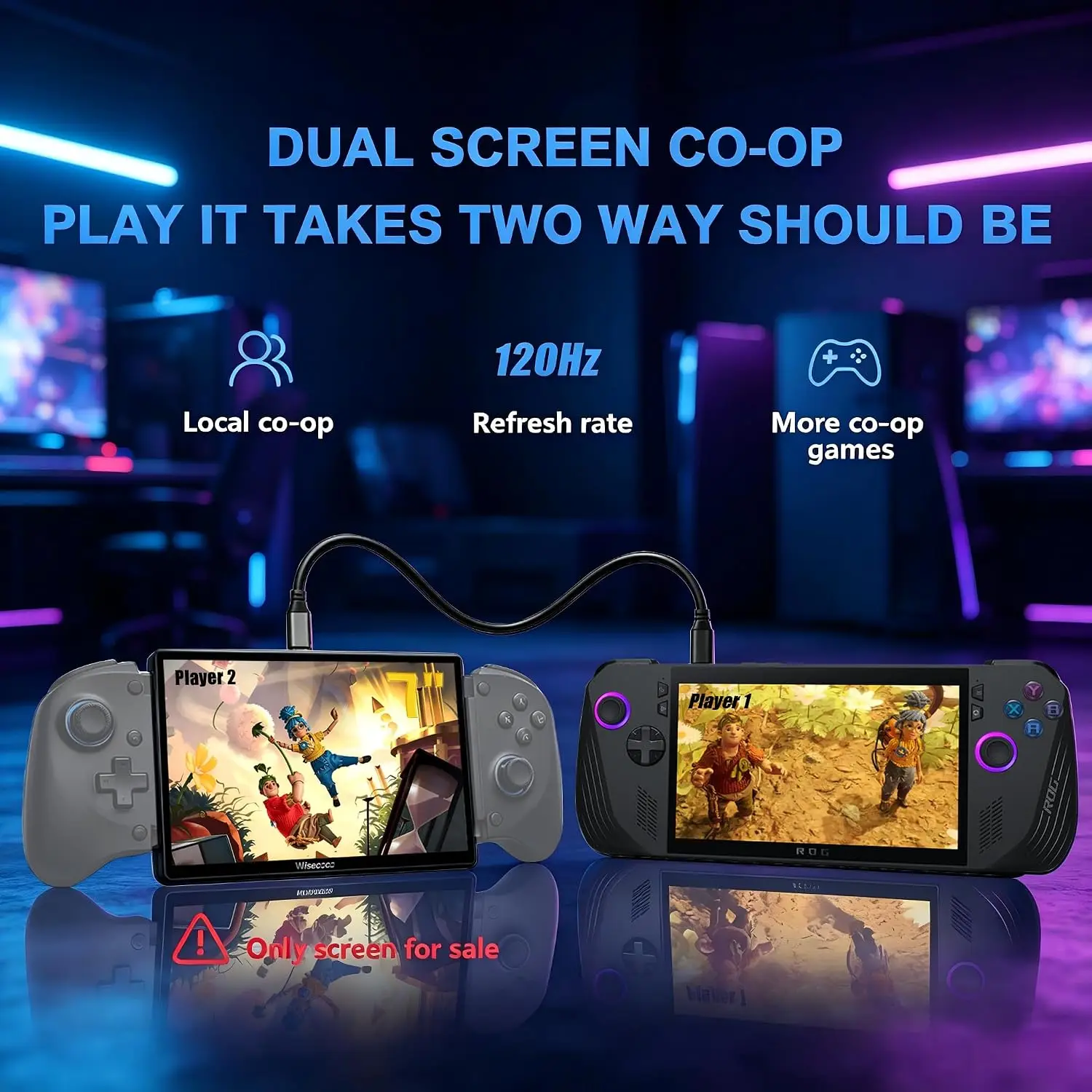 Wisecoco 7 Inch 120Hz Split-Screen Portable Gaming Monitor 1920X1080 IPS Type-C Display for Two Player Game Raspberry Pi Console