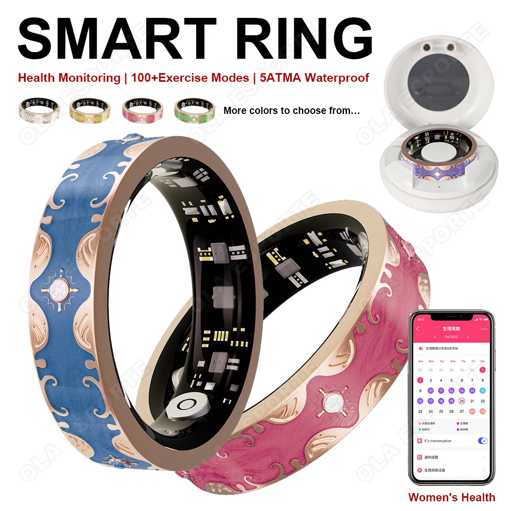 

New Women Smart Ring 5ATM Waterproof Bluetooth Connection Sleep Health Monitoring 100+ Sports Modes Pedometer For Android IOS
