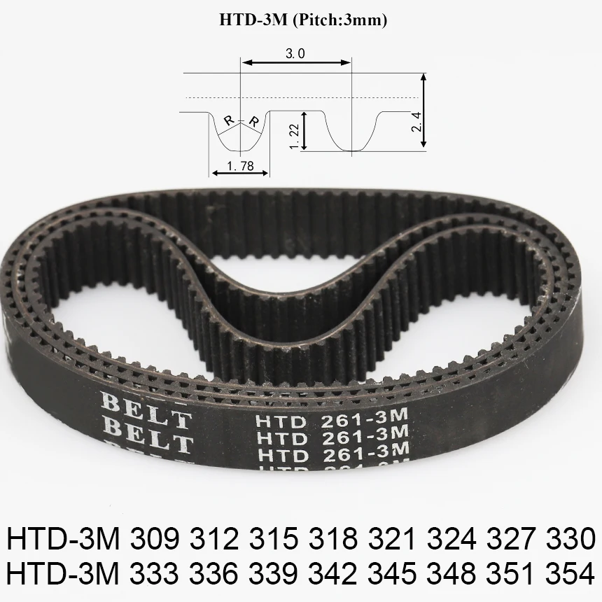 HTD-3M 3M 309 312 315 318 321 324 327 330 333 336 339 342 345 348 351 354 Rubber Cogged Curved ARC Teeth Synchronous Timing Belt