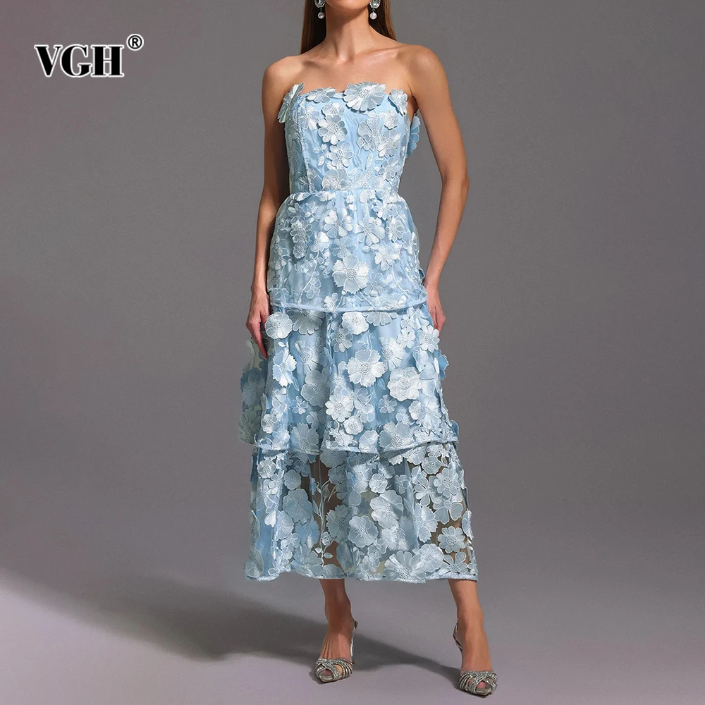 

VGH Sweet Spliced Appliques Slimming Dresses For Women Strapless Sleeveless Backless High Waist Hollow Out Dress Female Style