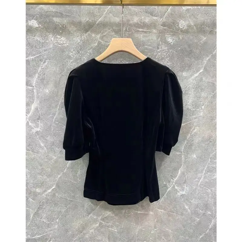 French Heavy Industry Diamond-inlaid Gold Velvet Puff Sleeve T-shirt Women's Short-sleeved Design Niche Square Collar Top