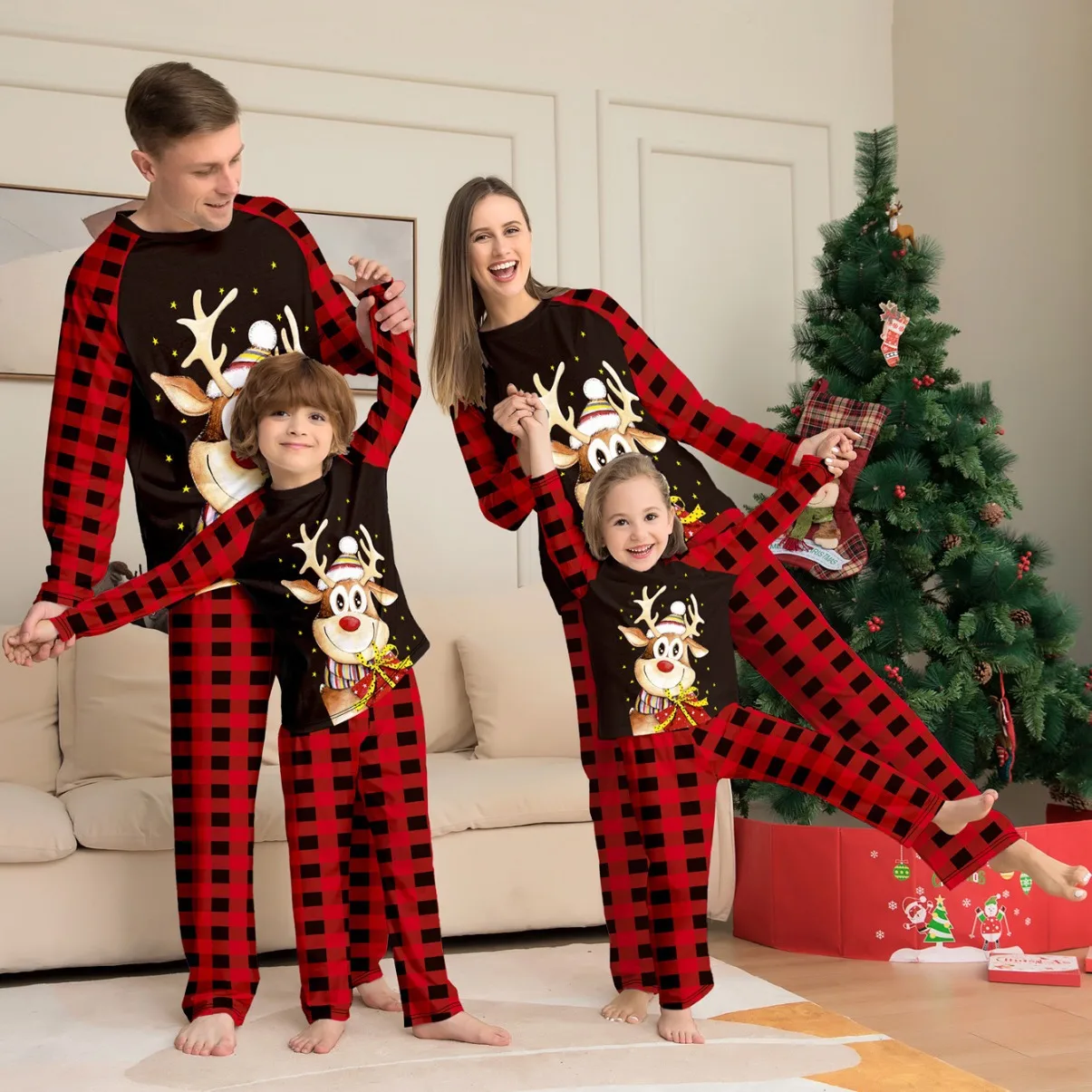 New Amazon checkered Christmas parent-child set pajamas with cartoon print of little deer from Europe and America