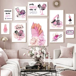 Pink Luxury Posters and Prints Beauty Nail Lipstick Print Fashion Pictures Wall Art Canvas Paintings Girls' Dressing Room Decor