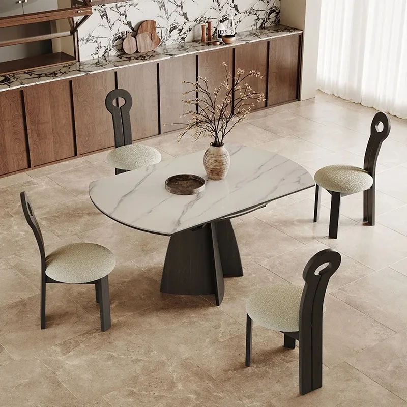Square and round dual-purpose rock slab dining table retractable small apartment black Italian minimalist square becomes round