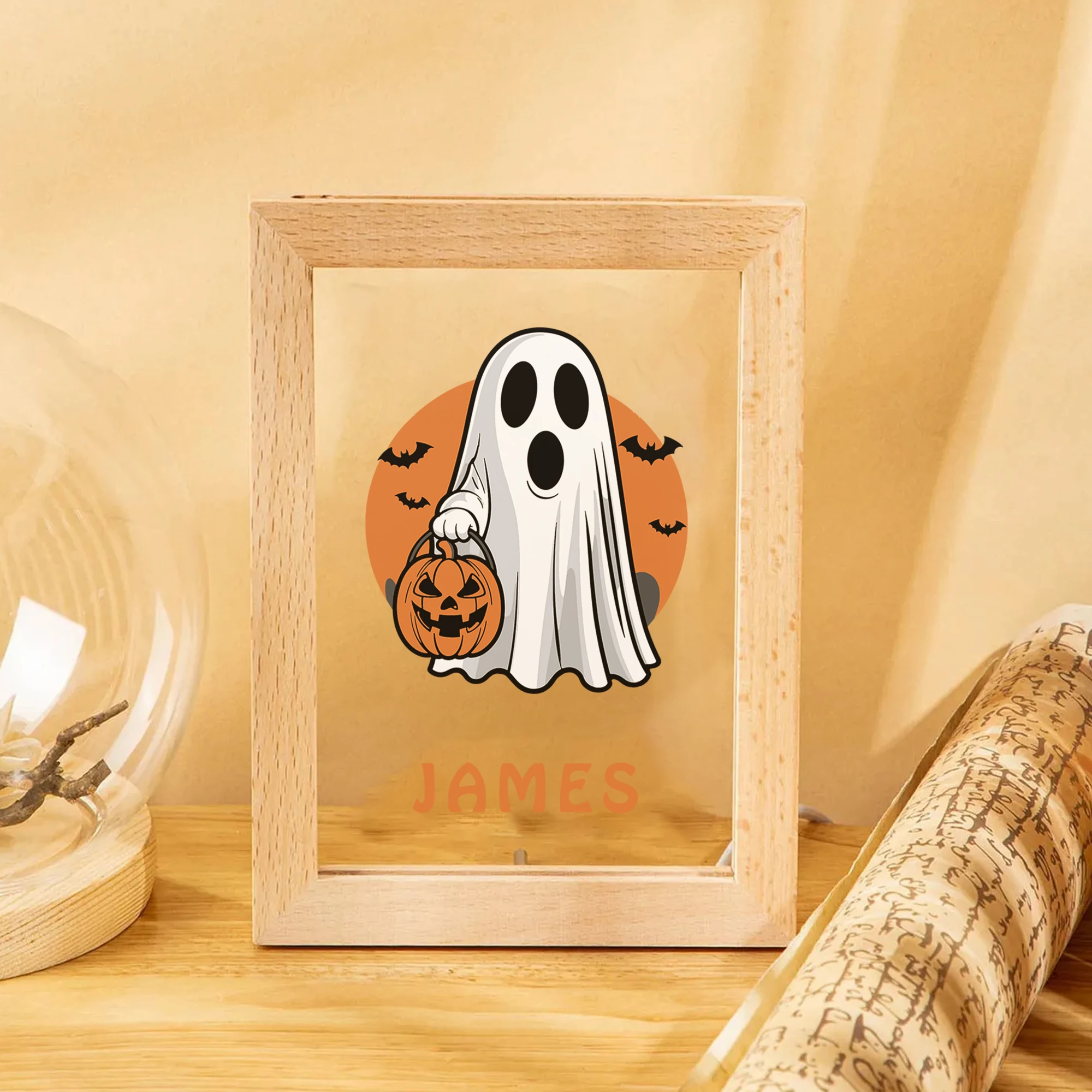 2D плоское индивидуальное имя призрак Джек-фонарь светодиодный акриловый ночник деревянная фоторамка 21x17 см подарки для спальни на Хэллоуин домашний декор