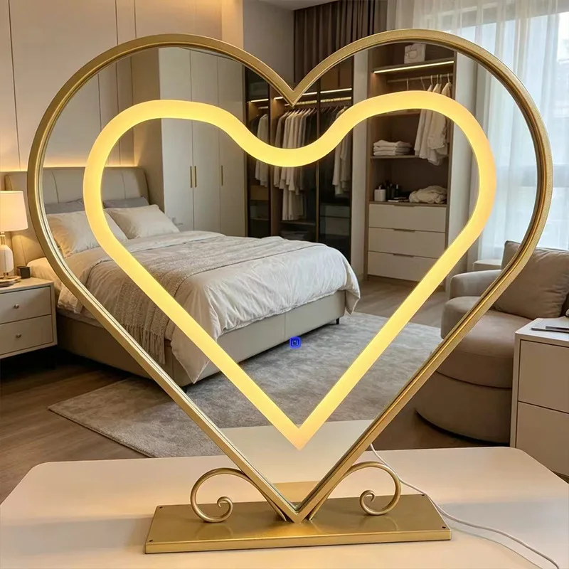 Love shape glass mirror light wrought iron frame makeup mirror atmosphere light bedroom advanced sense LED luminous mirror light