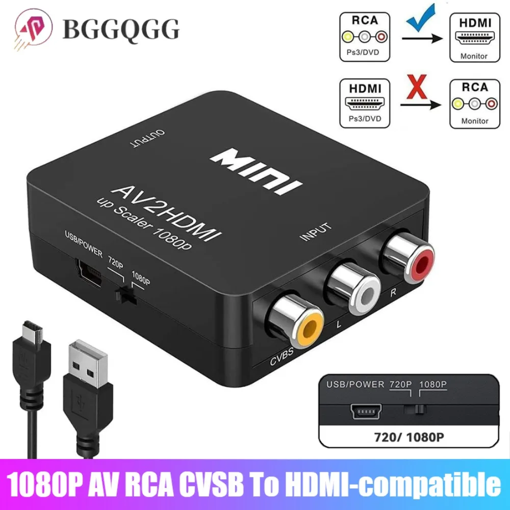 

1080P AV RCA TO HDMI-compatible Converter AV To HDTV Adapter Composite CVBS Video Audio Support PAL/NTSC with USB Power Cable