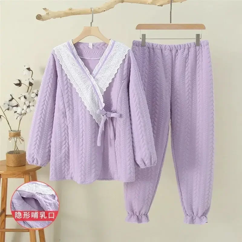 Winter Women's Casual Warm Pajamas Loose Pajamas with Pants Maternity Thick Pajamas