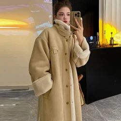Suede One-Piece Fur Jacket Women Overcoat Autumn Winter New Fashion Loose Long Motorcycle Lambswool Coat Woolen Trenchcoat Coat
