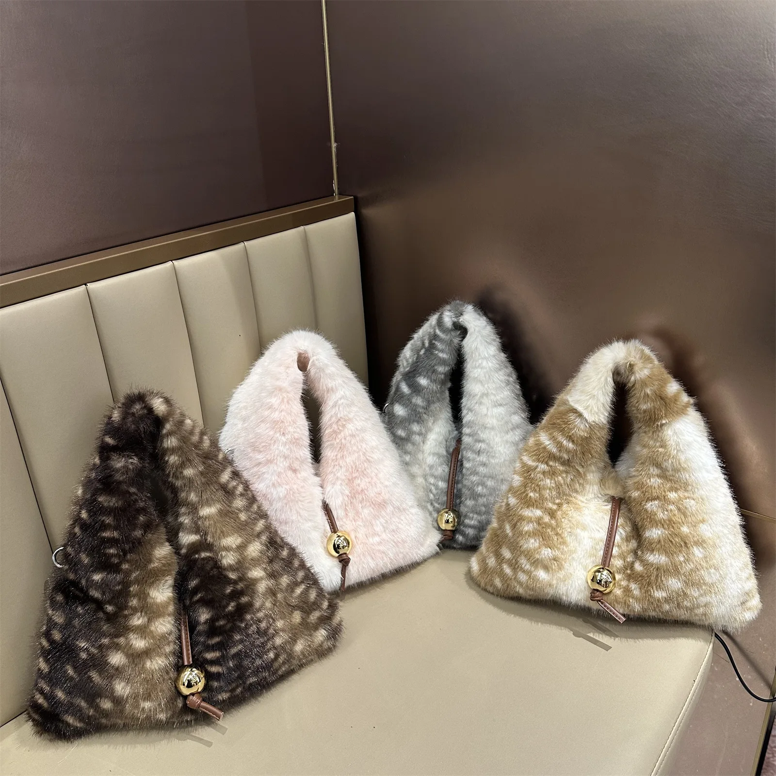 Autumn Winter New Plush Handbag Splicing Color Design Large Capacity Handheld Bag Versatile Small Ball Decor One Shoulder Bag