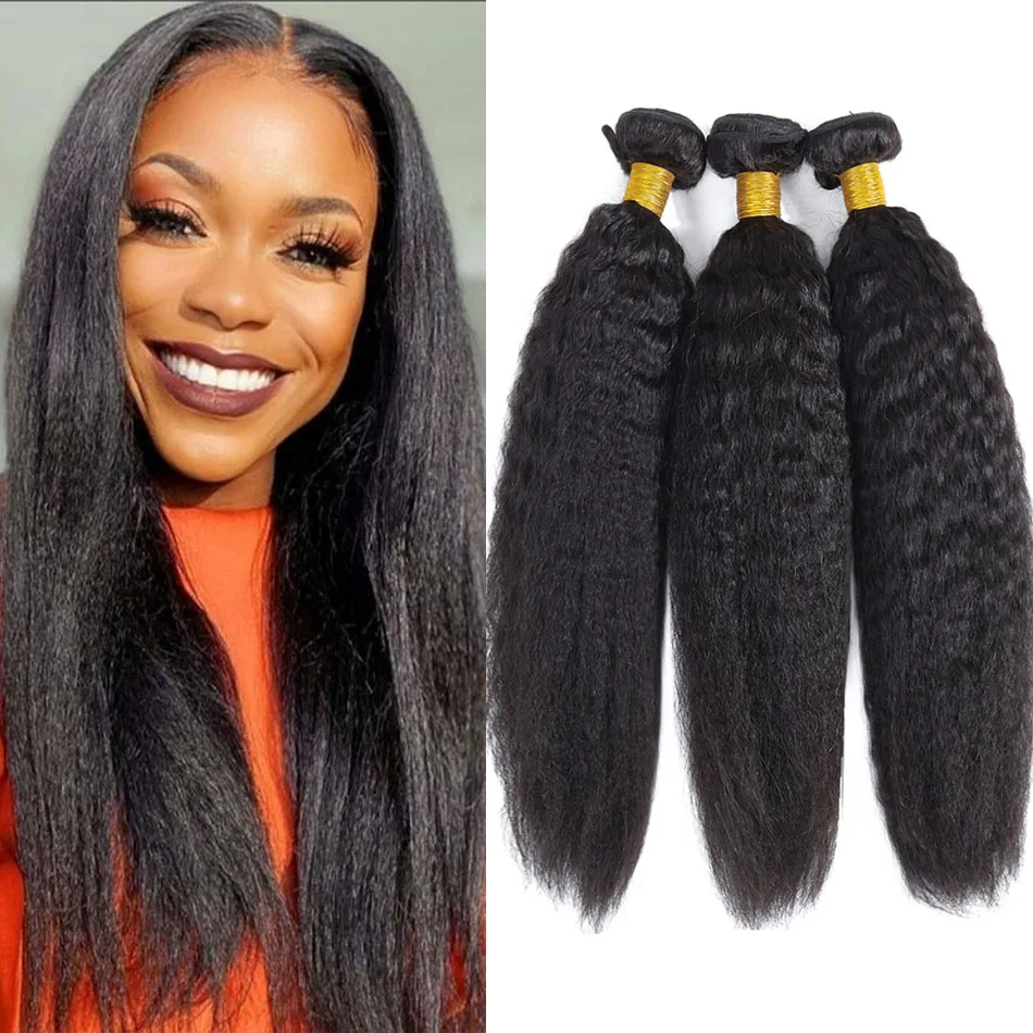 Kinky Straight Hair Bundles Brazilian Virgin Hair Extensions Yaki Straight 100% Natural Human Hair 1/3 Bundles Thick Hair