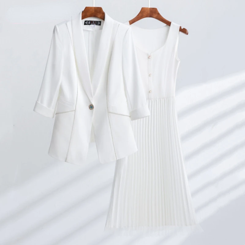 

Dress Suits Women Outfits Two Piece Set Spring Autumn Three Quarter Sleeve Blazer Jacket Top Pleated Dress Office Lady Work Wear