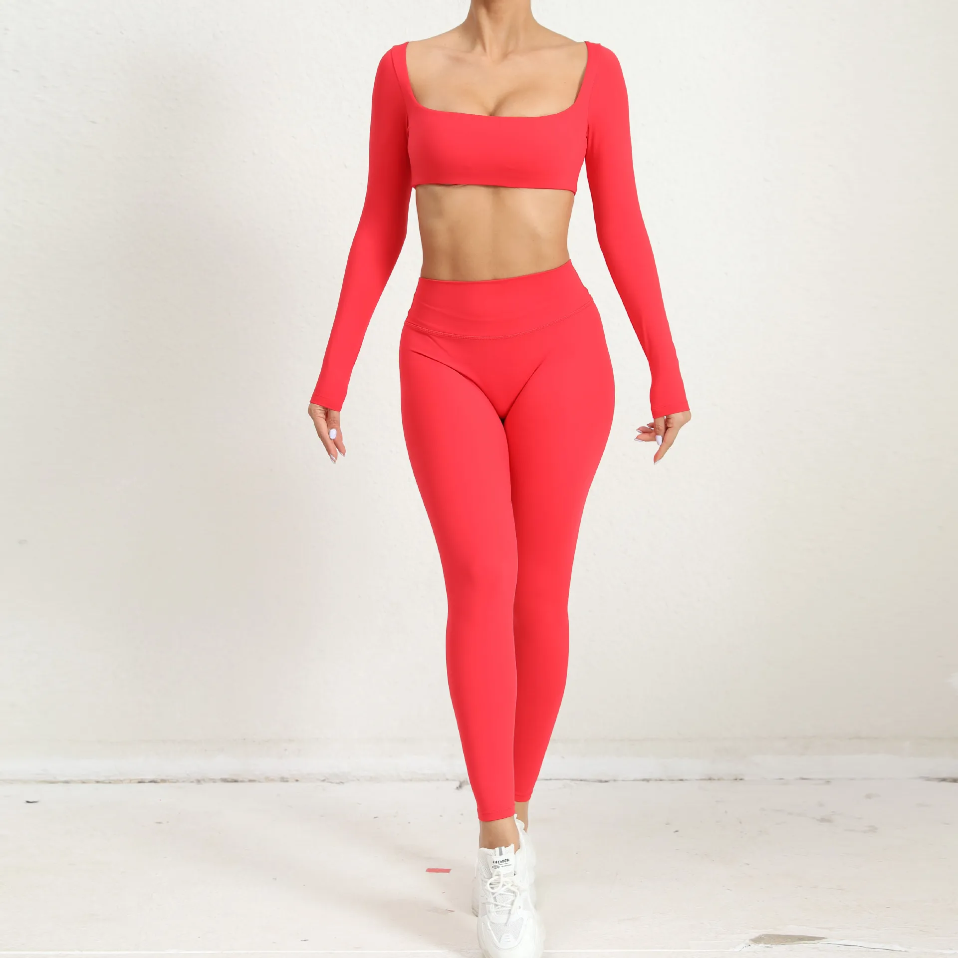 2 Piece Gym Set with Cups Women Sportswear Autumn Winter Long Sleeve Square Collar Sport Suit for Fitness Yoga Workout Clothing