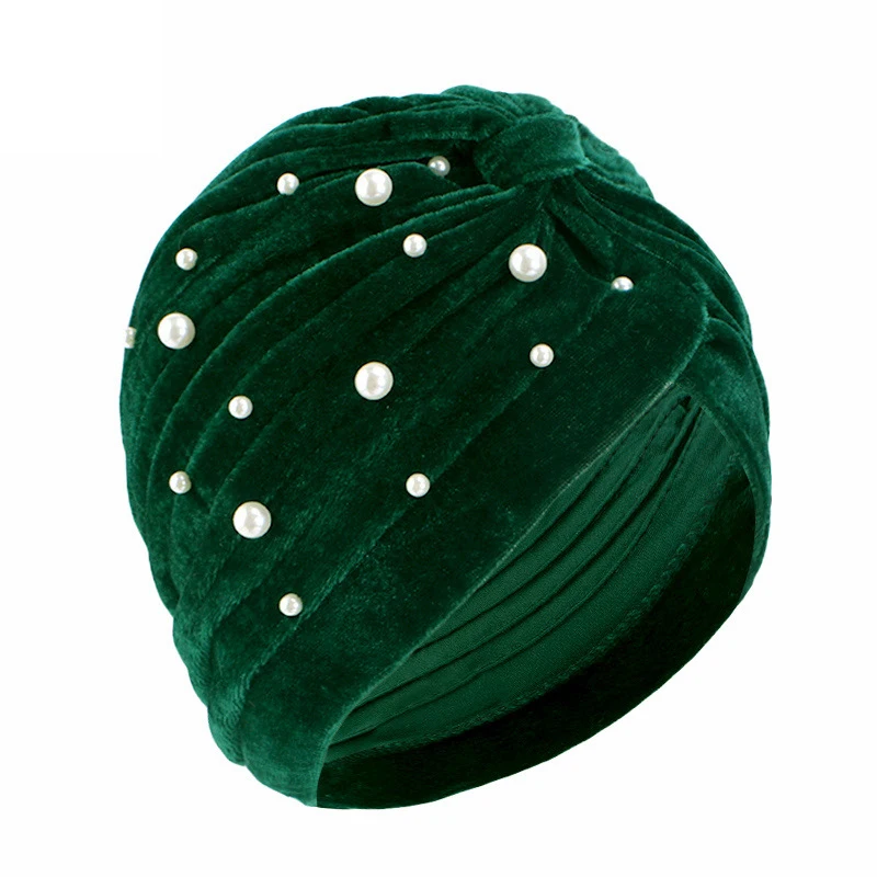 Cappello Turbante in velluto perline indiane copricapo berretto berretto donna foulard musulmano Hijab chemio berretto perdita di capelli Turbante pieghettato Mujer